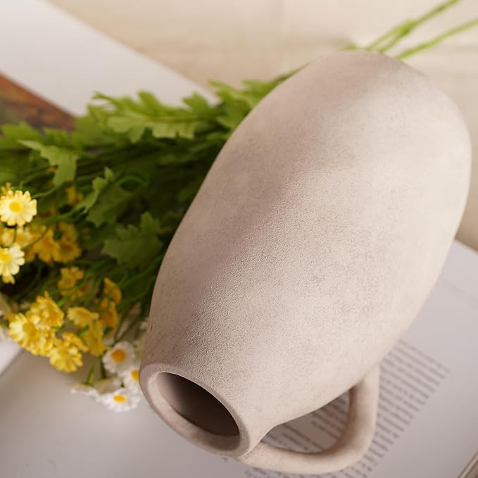 White Ceramic vase with Handle, Distressed Cement Texture, Boho Terracotta Large Pottery 10inch Tall, Rustic Farmhouse Decorative vases for Centerpieces, Unique Stoneware Jug for Flowers