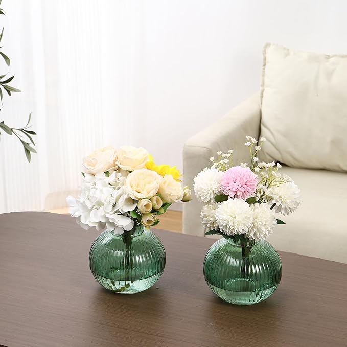 Round Glass Vases, Set of 2 Small Vases for Flowers, Green Glass Vase for Tulips, Modern Vase for Living Room, Office, Coffee Table, Shelf, Wedding, 5 Inches