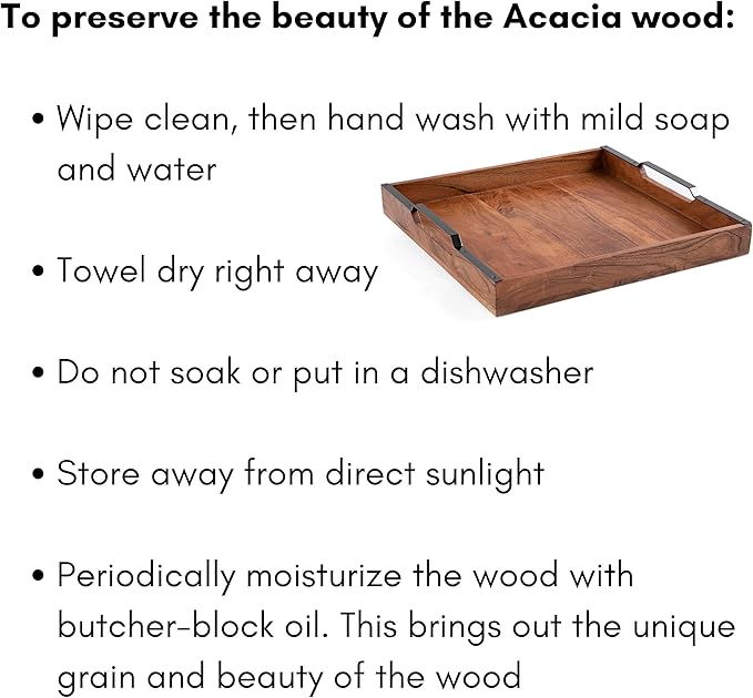 BIRDROCK HOME Wooden Serving Tray with Handles - Farmhouse Decor - Square Top Breakfast Trays - Tea Cheese Board - Coffee Table - Natural Acacia Wood - Kitchen - Bar