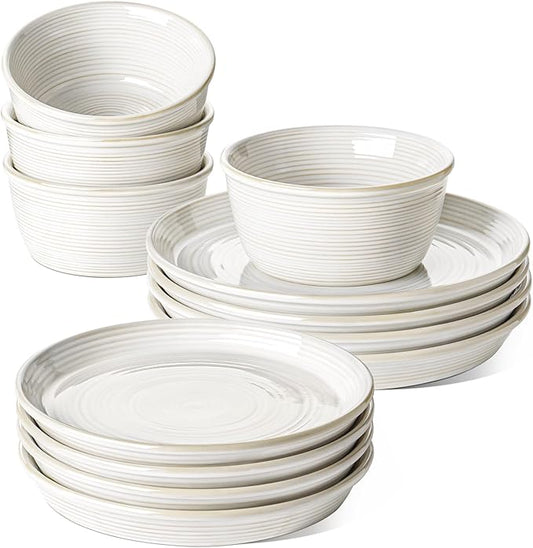 LE TAUCI Dishes Set for 4, Stoneware Plates and Bowls Set, Farmhouse Ceramic Dinnerware, Microwave & Dishwasher Safe, Stackable,12-Piece, Arctic White (10" Dinner+8" Salad Plates+6" Bowls)