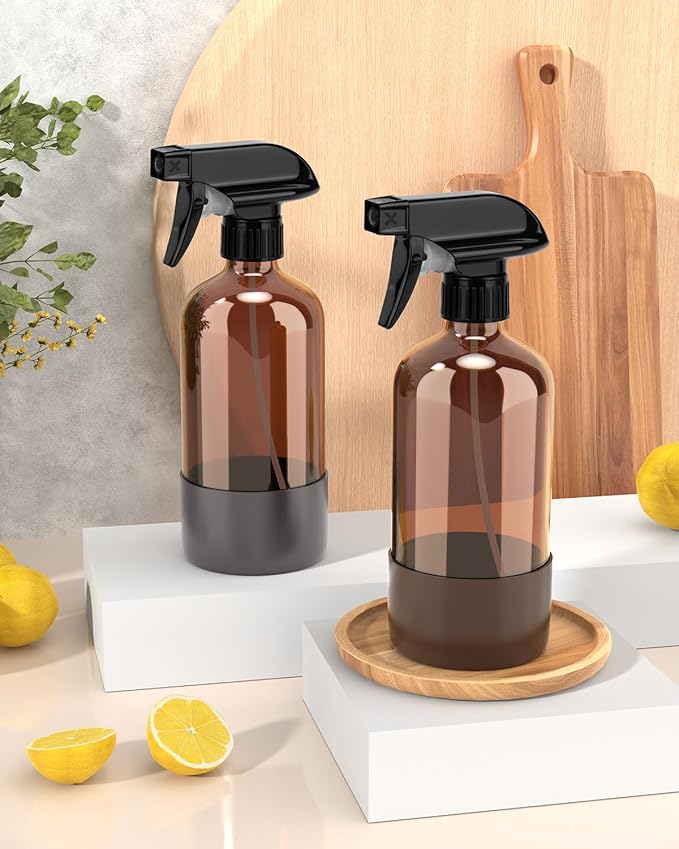 Glass Spray Bottle with Silicone Sleeve Protection, Amber Glass Spray Bottle Set for Window Cleaner Aromatherapy Facial Hydration Watering Flowers Hair Care 2 Pack/16 oz (Brown & Grey, 16 oz)