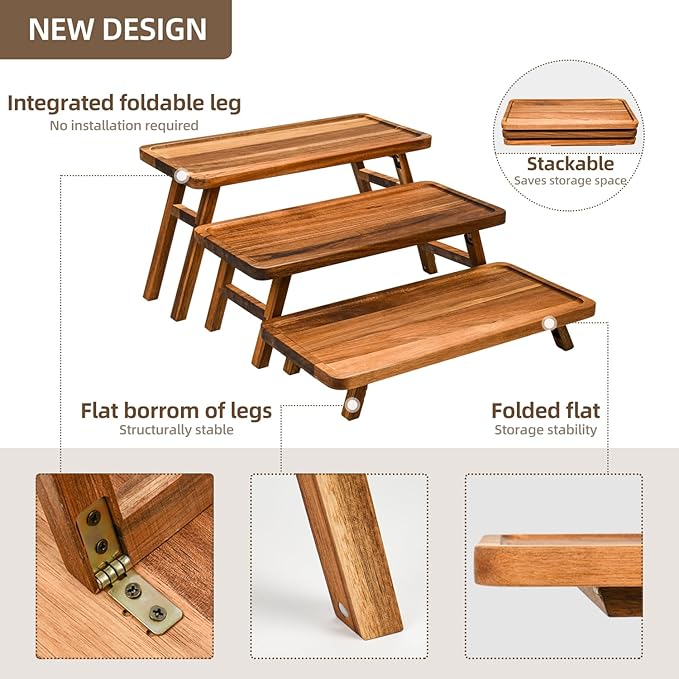 GEHE 3 Tier Serving Stand, Acacia Wood Dessert Table Display Cupcake Stand, Rustic Foldable 3-Tiered Serving Trays & Platters, Large Charcuterie Board for Birthday Wedding Bridal Shower Tea Party