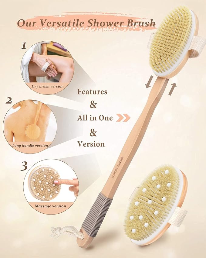 Dry Brushing Body Brush, POPCHOSE Body Scrubber for Men Women, Back Scrubber for Shower, Natural Bristle Exfoliator Scrubber for Body Cellulite and Lymphatic, Long Handle, Detachable, Dual Brush Heads