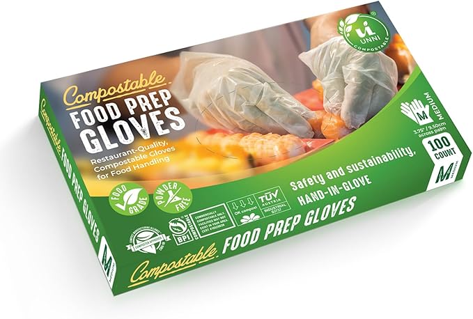 UNNI Compostable Food Prep Gloves, For Food Handling, ASTM D6400, US BPI, CMA & Europe OK Compost Certified