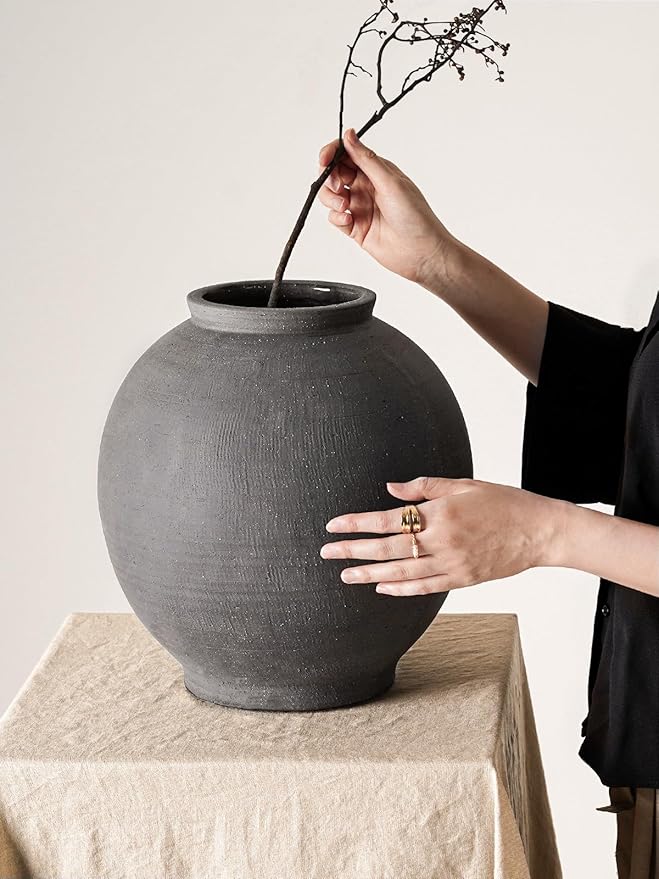 Black Ceramic Vase - Large 12.5 Inch Round Floor Vase for Centerpieces, Farmhouse Rustic Minimalist Home Decor (Sandstone Black)