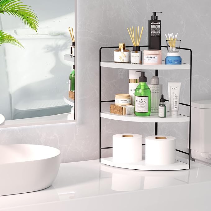 ZGO 3-Tier Bathroom Organizer - Countertop & Corner Organizer, Makeup & Skincare Storage, Kitchen Counter Shelf - White