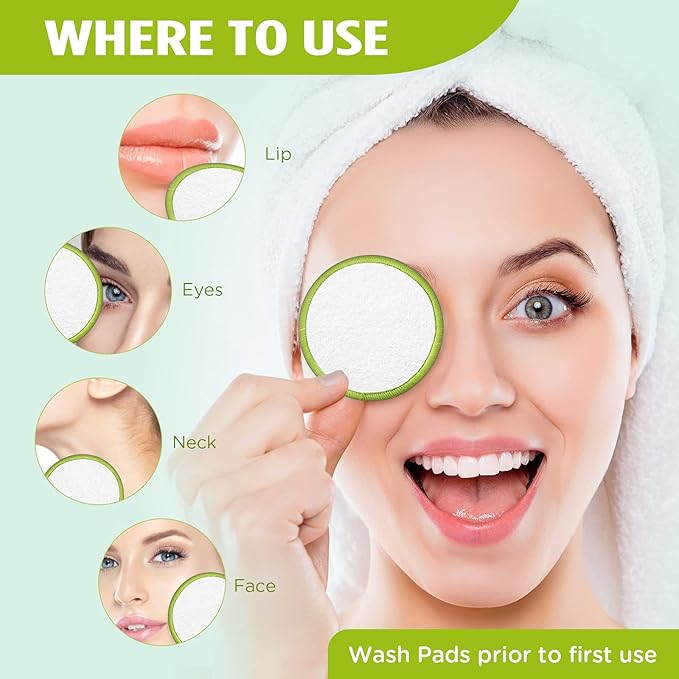 Reusable Makeup Remover Pads - 16 Packs Natural Bamboo Cotton Rounds Eco-Friendly for All Skin Types with Cotton Laundry Bag & Fashionable Metal Box，Green