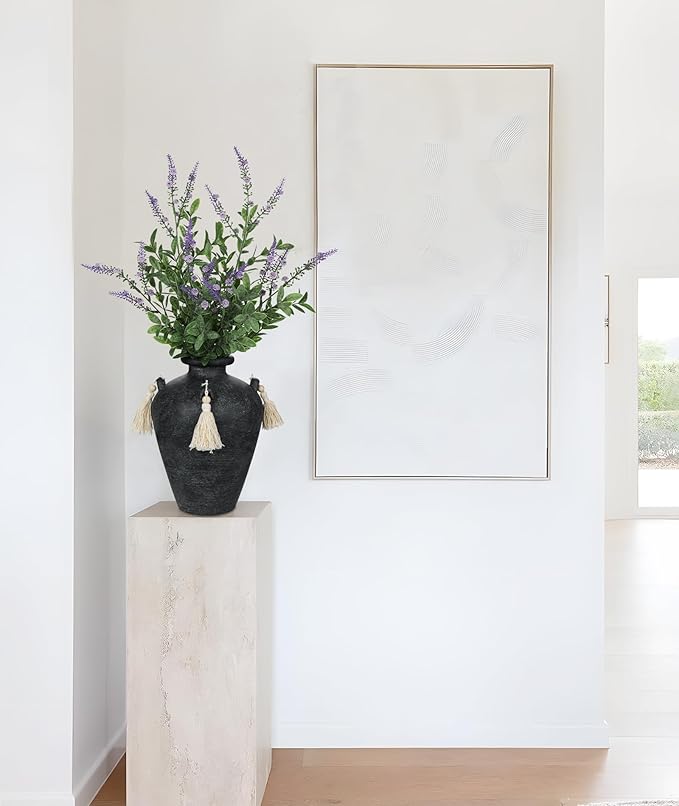 9.4" Large Black Ceramic Vase for Centerpieces - Rustic Farmhouse Vase with 4 Ears & Tassels, Terracotta Vintage Flower Vases for Table, Desk, Living Room, Bedroom, Entryway, Holiday & Weddings Decor