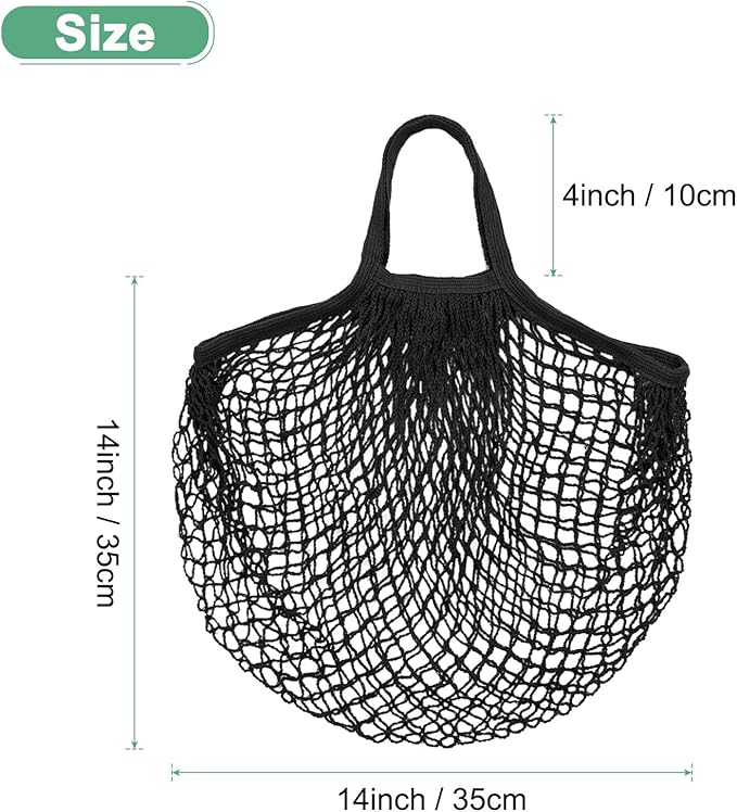 1-Pack Cotton Mesh Bag, Reusable Washable Mesh Net String Grocery Bags, Reusable Produce Bags with Handle, Net Tote Bag for Fruits/Vegetables Shopping [Black, Short Handle]