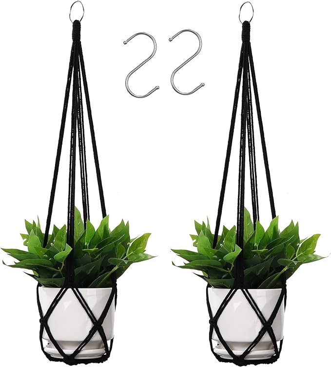 YIBOT Macrame Plant Hanger Indoor Set of 2 with 2 S Hooks, Indoor Outdoor Hanging Planter for Plants Holder with Decorative No Tassels, Boho Home Decor, 35 Inch, Black (Pots Not Included)