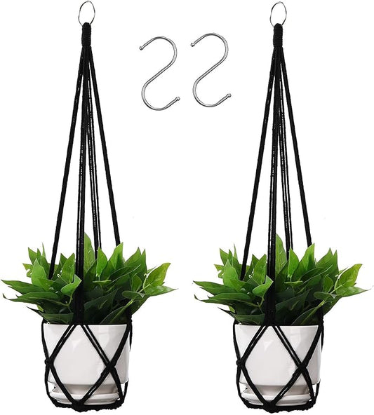 YIBOT Macrame Plant Hanger Indoor Set of 2 with 2 S Hooks, Indoor Outdoor Hanging Planter for Plants Holder with Decorative No Tassels, Boho Home Decor, 35 Inch, Black (Pots Not Included)