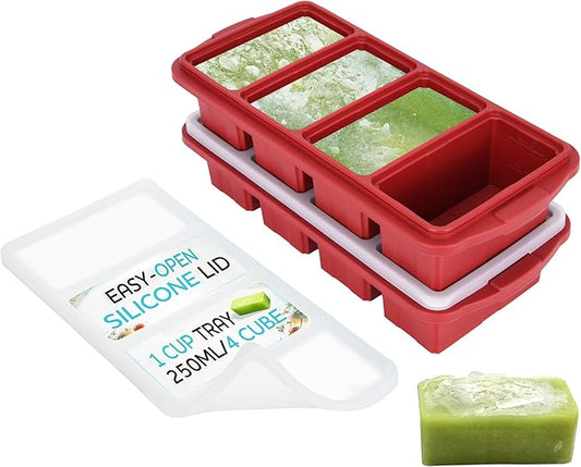 Silicone Freezer Tray With Lid - Soup Freezer Container molds - Large Ice Cube Tray- makes 8 perfect 1 cup portions cubes, 2-Pack Freezer Storage Food Soups & Meal Prep - Oven & Dishwasher -Safe