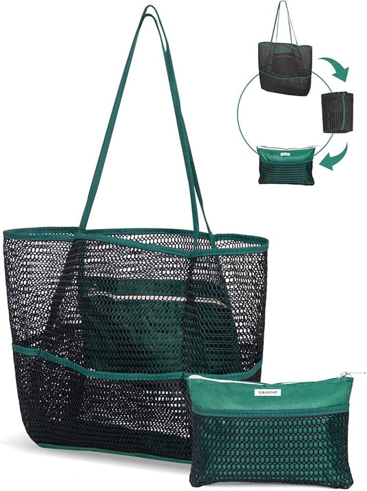 Mesh Beach Tote Bag Packable,2025 New 2-in-1 Large Lightweight Foldable Beach Bags with Multiple Pockets for Women