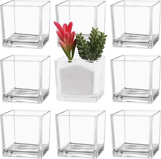Square Flower Vases Set of 9, 3"x 3"x 3" Glass Vases for Centerpieces, Clear Vase for Flowers, Small Vase for Wedding, Party, Home Office Decoration