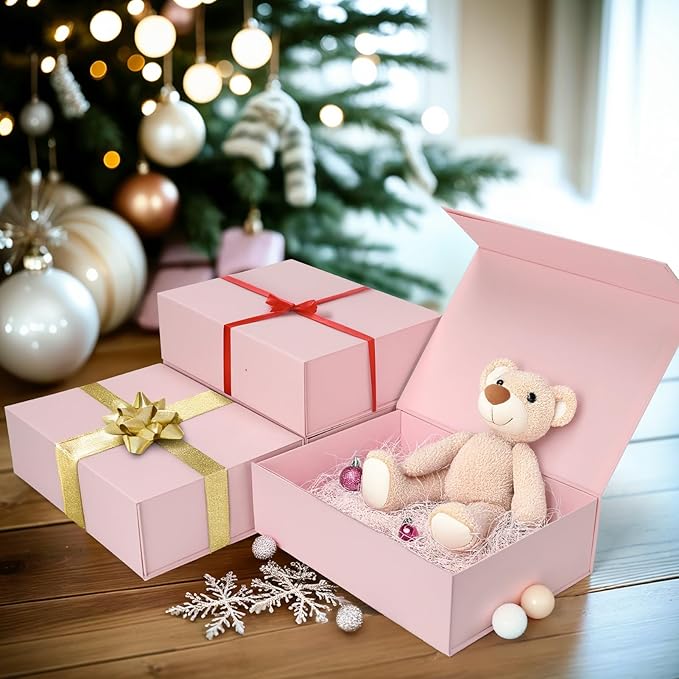 Ditwis 4 Pack 10.5x7.5x3.1 Inches Gift Boxes with Magnetic Closure Lids, Pink Magnetic Box for Wedding, Groomsmen Bridesmaid Proposal, Birthdays, Mother's Day