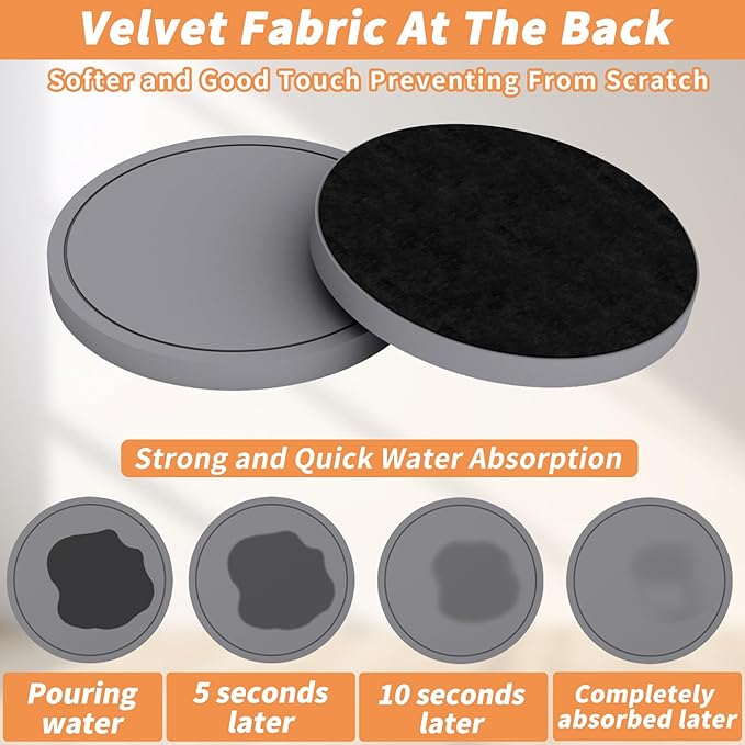 Azhou 6Pcs Super Absorbent Coasters with Holder, Diatomaceous Earth Coaster with Soft Velvet Base, 4 inch Grey Coasters for Drinks, Thick Heavy Duty Stone Coaster, Home Decor Coffee Bar Accessories