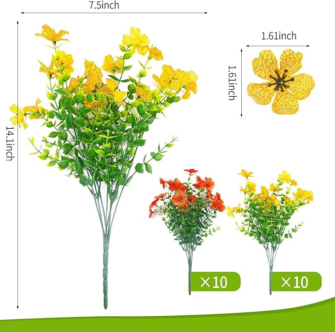 20 Bundles Artificial Flowers for Outdoors‌ with 6 Faux Butterflies, UV Resistant Fake Flowers‌ with Eucalyptus Leaves, Artificial Plants Outdoor‌ for Patio Garden Porch Home Decor (Orange Yellow)