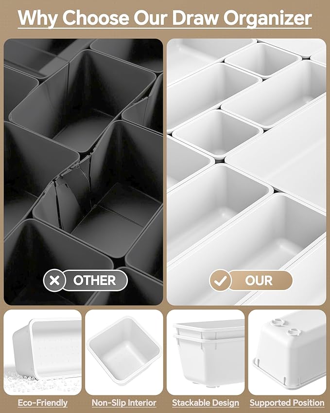 25 PCS Plastic Drawer Organizers Set, 4 Sizes Vanity Organizer, Makeup and Desk Drawer Organizer Trays, Organization and Storage for Makeup, Bathroom, Kitchen Utensils and Office (White)