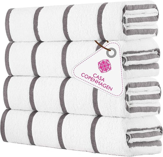CASA COPENHAGEN Cabana Beach Towel Designed in Denmark Rough and Tough, Quick Dry, Pool, Bath & Shower 30x60 inches 4 Pieces Cotton Beach Bath Towels Set - White Grey Stripe
