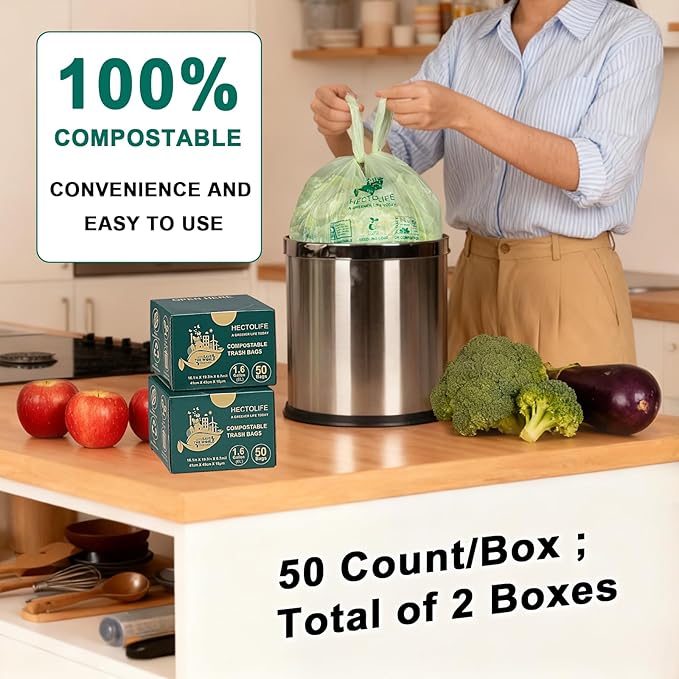 1.6 Gallon 100 Count,Compostable Bags Handle Tie,Tear Resistant Kitchen Food Scrap Waste Bag, ASTM D6400, US BPI and Europe OK Compost Home Certified
