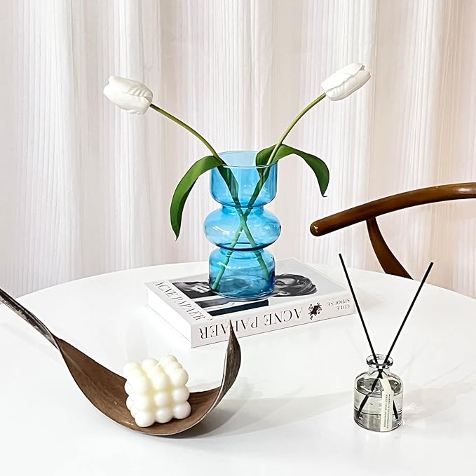 BLOFLO Blue Transparent Glass Hydroponic Vase, 7Inches Colored Glass Vase for Flower, Modern Geometric Three-Layer Floral Vases for Home Office Wedding Table Décor(Blue)