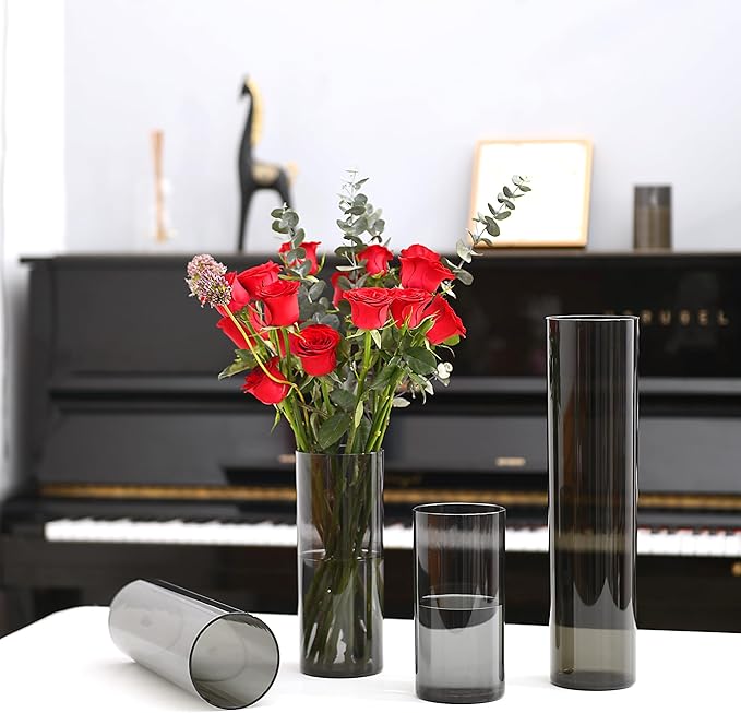 Flower Vase, Non-breakable Vases, 6" W x 8" H, Acrylic Grey Vase, Aesthetic Room Decor Cylindrical Modern Flower Vases for Table Centerpiece, Home Decor, Women Floral Arrangement Gift