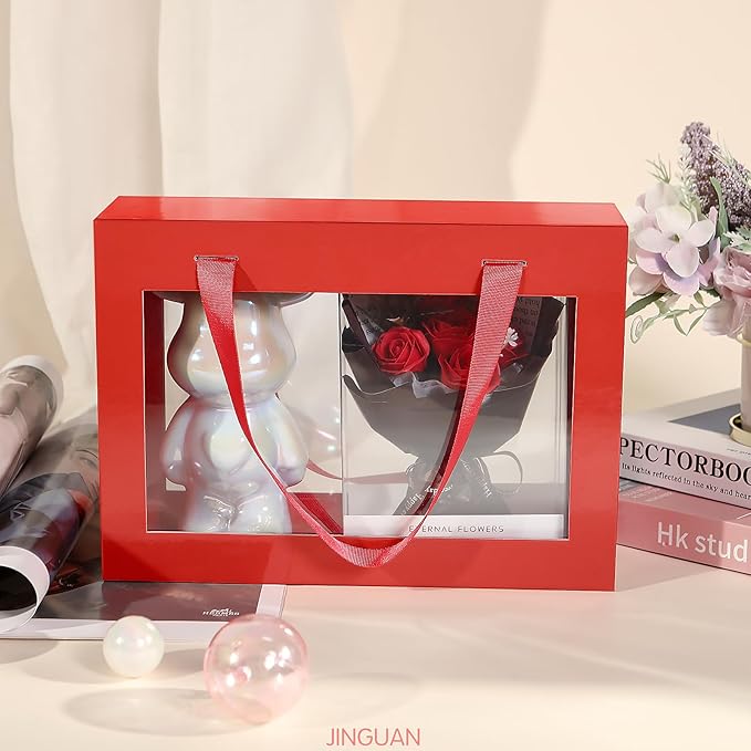 Red Gift Box with Window, Clear Magnetic Gift Box with Handle for Present, Bridesmaid Proposal Box (10.5x7.5x3 Inches