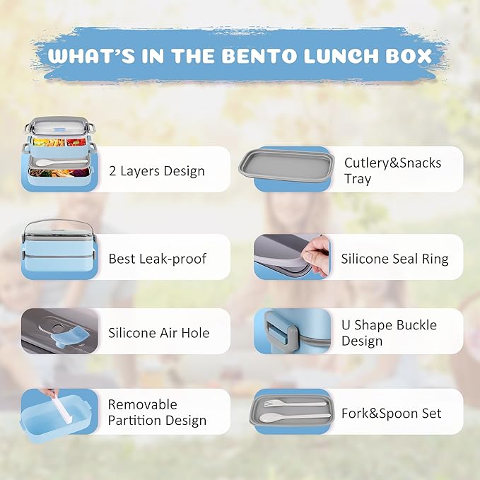 Bento Lunch Box for Kids Women Men, 47oz 2-Compartment Snack Salad Food Prep Pack Container for Lunch, Stainless Steel 2 Layers Stackable Lunch Containers for Adults and Teens Light Blue