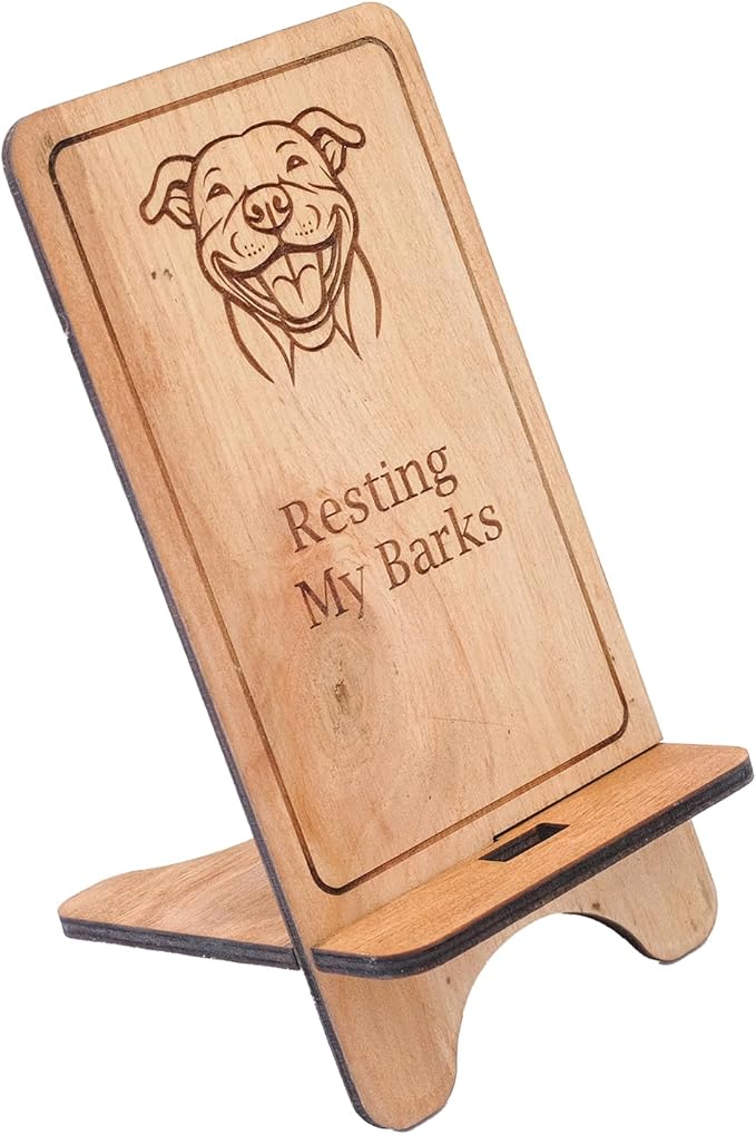 Design Your Own Phone Stand Personalized Wooden Holder Custom Pet Name Engraved Handmade Desk and Home Accessory Gift (Resting My Barks Pitbull)