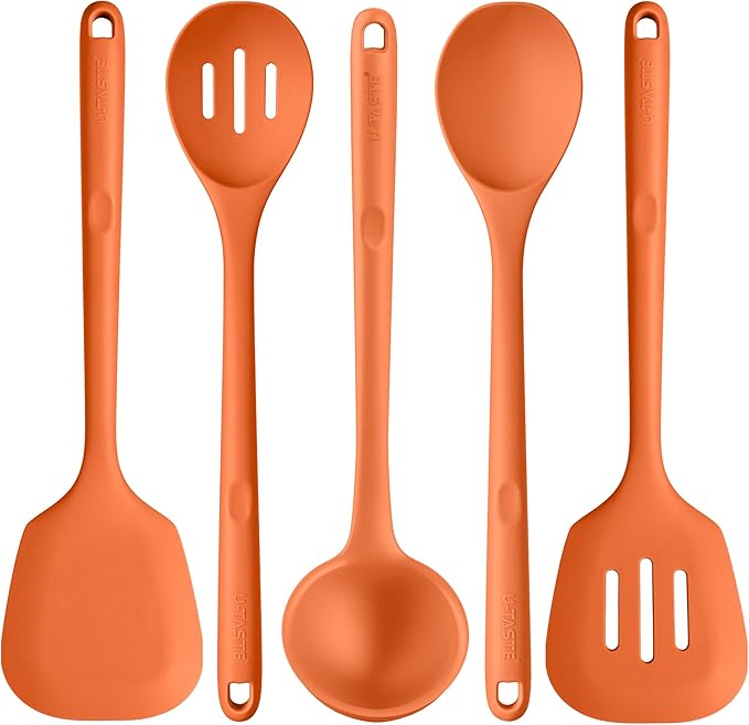 Silicone Kitchen Cooking Utensil Set: U-Taste 600ºF Heat Resistant 13.6in Extra Long Kitchen Tools, Food-Grade Non-Stick Spatula Turner Spoon Ladle for Stir Frying, Serving, Mixing (5 Pieces, Orange)
