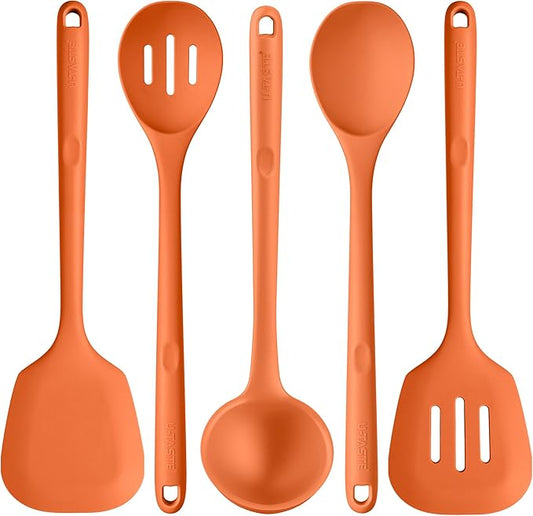 Silicone Kitchen Cooking Utensil Set: U-Taste 600ºF Heat Resistant 13.6in Extra Long Kitchen Tools, Food-Grade Non-Stick Spatula Turner Spoon Ladle for Stir Frying, Serving, Mixing (5 Pieces, Orange)