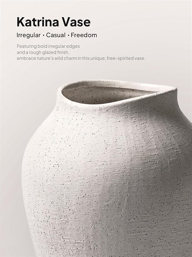 White Ceramic Vase - Large 11.8 Inch Tall Floor Vase for Centerpieces, Farmhouse Rustic Minimalist Home Decor for Living Room, Enterway, Wedding (Sandstone White)