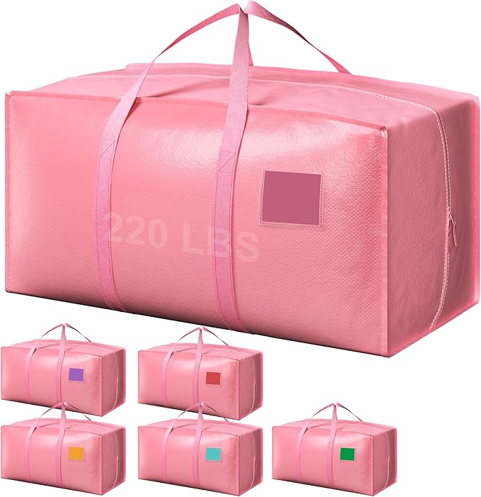 6 Pack Extra Heavy Duty Large Moving Bags with Reinforced Zipper & Wide Handles, Waterproof Storage Bins for Clothes, College Dorm, Travel, and Home Organization, Pink