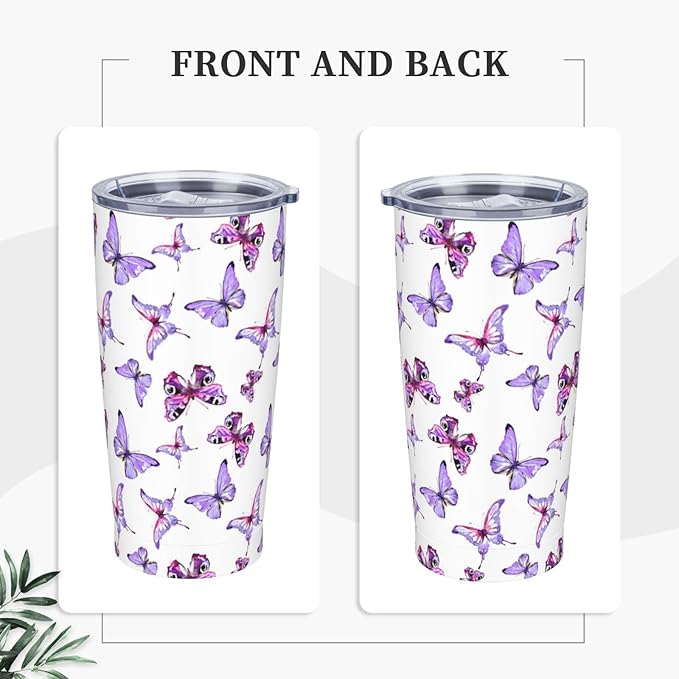 Pink Blue Butterflies Tumbler,Butterflies 20oz Stainless Steel Insulated Travel Tumblers,Travel Coffee Mug with Lid and Straw Water Bottle Drink Tumbler Cups Gifts for Women Men Lovers