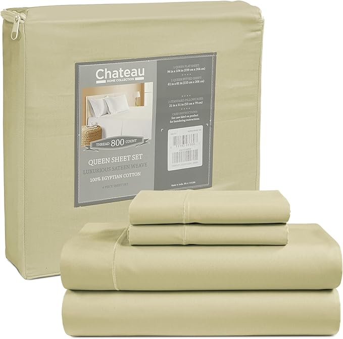 Egyptian Cotton Sheets King Size Sheets Deep Pocket Set, 800 Thread Count 4 Piece King Size Sheet & Pillowcase Sets Sateen Weave, Soft & Comfy Elasticated 15" Deep Pocket Breathable Bed Sheet- Seafoam