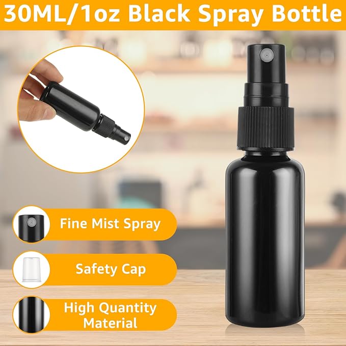 60 Pack 1 oz Spray Bottle, Black Spray Bottle with Small Fine Mist Spray and Plastic Cap, Refillable for for Essential Oils, Bath, Beauty, Hair & Cleaning