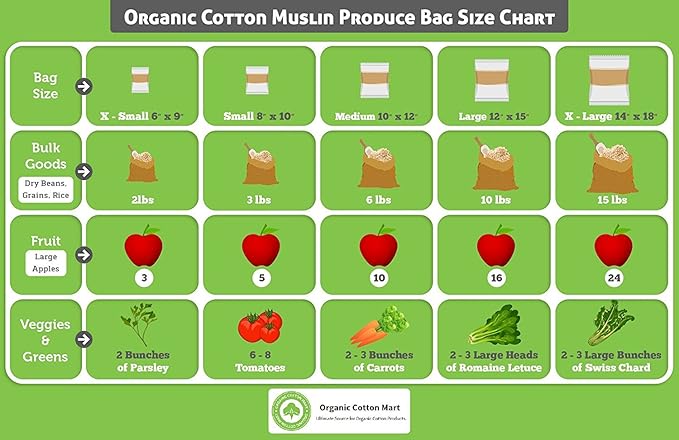 Reusable Cloth Produce Bags - Organic Cotton Cloth Vegetable Bags - Reusable Bulk Sacks for Grocery and Produce - Flour Sack Cotton Muslin Vegetable Storage Sacks (2 XL, 2 L, 2 M, 2 S)