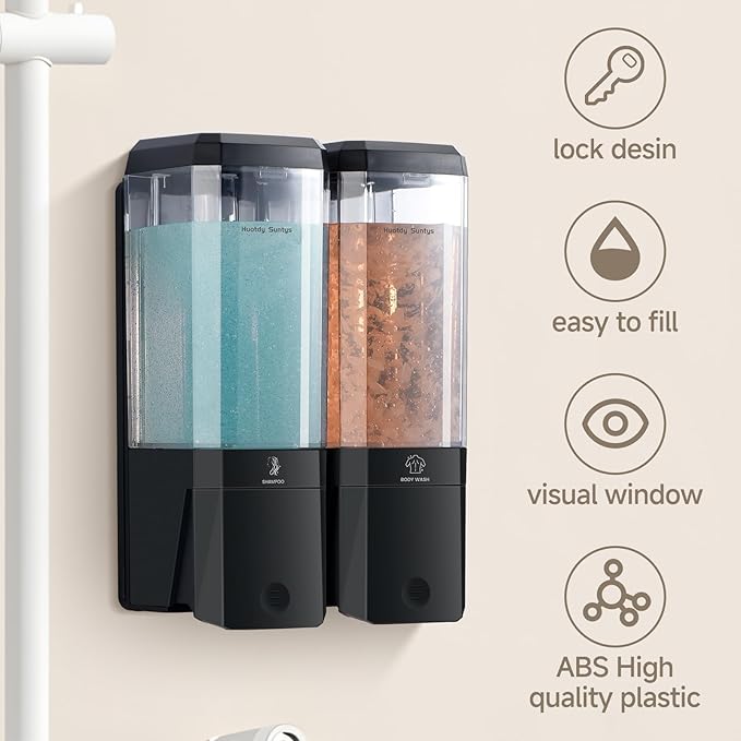 Shower Soap Dispenser Wall Mounted Shower Dispenser 2 Chamber No Drill Shampoo and Conditioner Dispenser Refillable Shampoo Dispener for Shower 2 * 500ml for Bathroom Hotel (Black 2 Chamber)