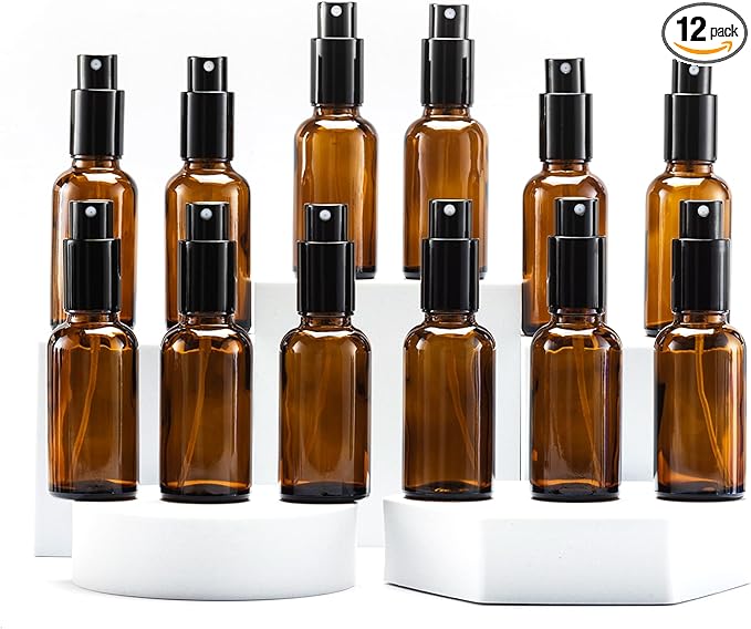 YIZHAO Amber Glass Spray Bottles 1oz, with Small Fine Mist Spray, Metal Cap, Refillable for Essential Oil,Travel,Cleaning,Perfume,Aromatherapy,Makeup – 12 Pcs