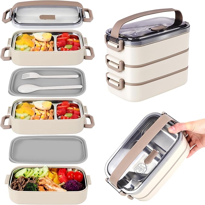 Bento Lunch Box for Kids Women Men, 47oz 2-Compartment Salad Metal Food Prep Pack Container for Lunch, Stainless Steel 3 Layers Stackable Lunch Containers with Lids for Adults and Teens Khaki