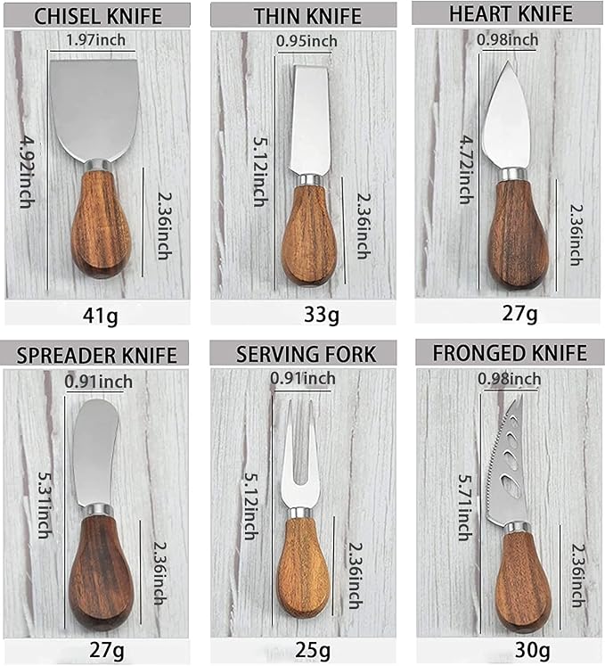 Premium 6-Piece Cheese Knife Set - Acacia Wood Handle Stainless Steel Cheese Knives for Charcuterie Board