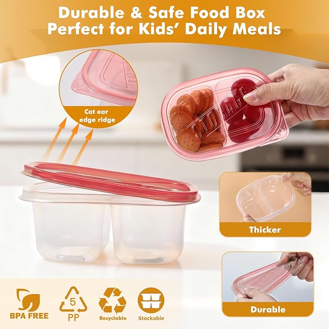 20 Pcs Reusable Snack Containers with Lids, 2-Compartment BPA-Free Portion Control for Bento Box & Meal Prep, On-the-Go for Kids Adults, Refrigerator Safe with 10 Animal Forks (4 Color Lids)