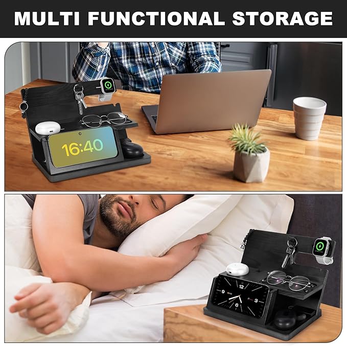 Gifts for Men 3-in-1 Charging Stand Compatible with iPhone 16 Charger Station, Nightstand Organizer Wood, Fathers Day Perfect for Dad Husband Boyfriend Son, for iPhone 16/15/14/13/12 Max Plus, Watch