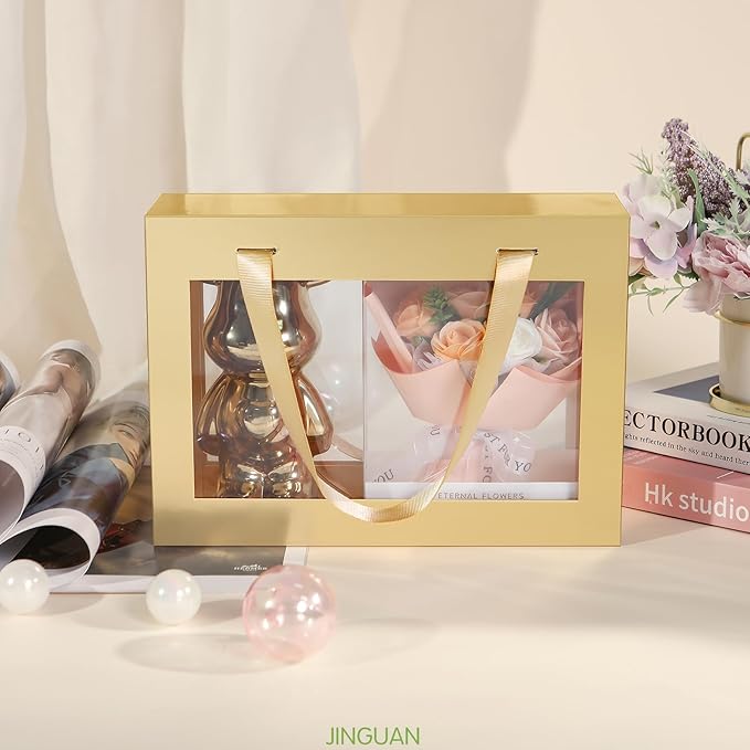 Gold Gift Box with Window, Gift Box with Lid and Handle, Clear Magnetic Gift Box for Present, Bridesmaid Proposal Box (10.5x7.5x3 Inches