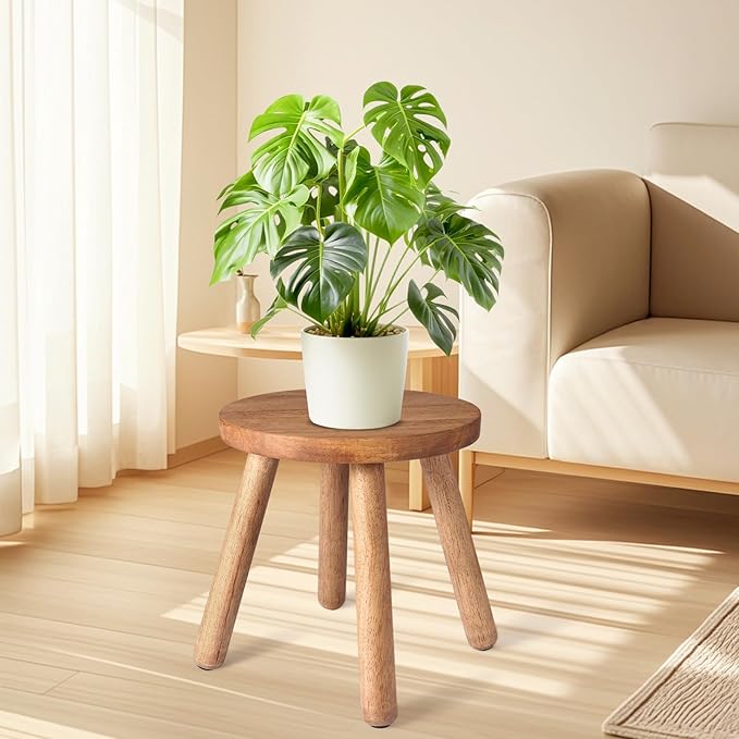 Round Solid Wooden Step Stool, Indoor Plant Stand, Wood Legs Detachable for Plant Stand, Stable 9.3” Tall Flower Holder for Heavy Pots, Gardening Display for Decor Living Room Patio -Walnut