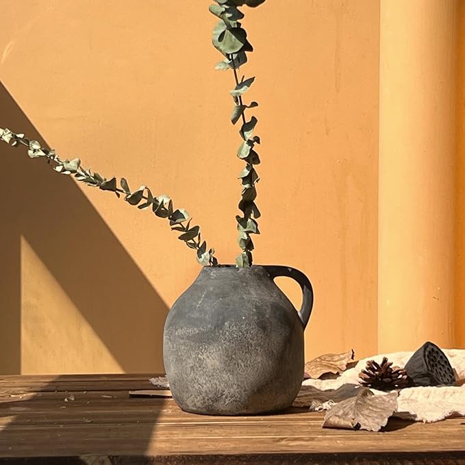 Rustic Ceramic Vase with Handle, Handmade Vintage Pottery for Home Decor, Black Farmhouse Flower Vase for Living Room, Wedding, Kitchen Centerpiece - 5.6 Inch