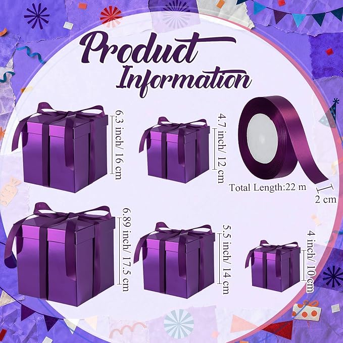 Cholemy 5 Pcs Square Nesting Boxes Decorative Gift Boxes with Lid and Ribbon Assorted Sizes Wrap for Wedding, Thanksgiving, Christmas, Anniversary, Birthday, Bridal Party(Purple)