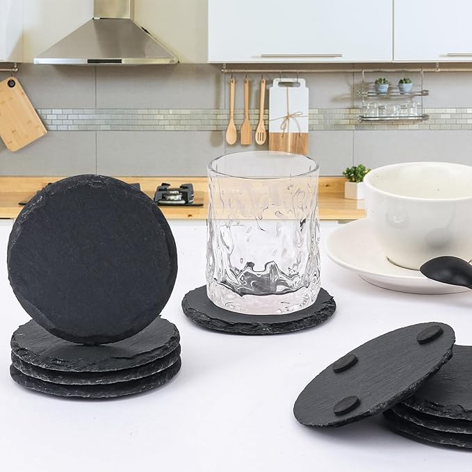 30 Pack 4 Inch Round Slate Coasters, Black Stone Coasters with Anti-Scratch Bottom, Ideal for Home Decor, Bar, Housewarming Gifts, and Laser Engraving KUKLIPJIM
