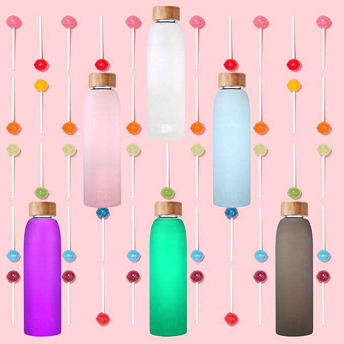 Glass Water Bottle with Protective Silicone Sleeve and Bamboo Lid by Urban green, 18oz, 1extra 304 Stainless Steel Lid with Handle, BPA Free, Dishwasher Safe, Gift Box, Father's day gift