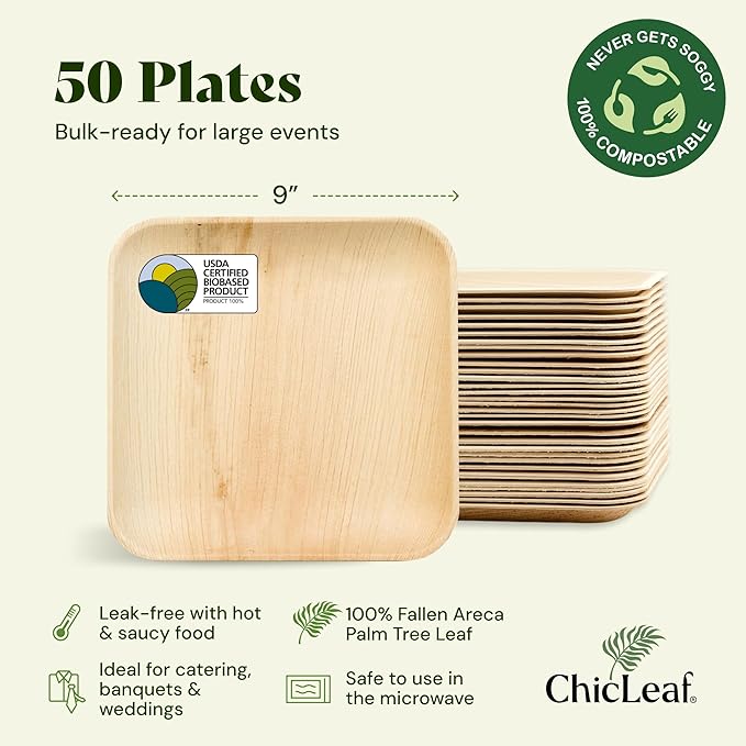 Chic Leaf Palm Leaf Bamboo Plates - 9-Inch Square, Pack of 50 - Eco-Friendly Compostable Platters - Microwave-Safe Disposable Plates - Durable Party Dishware for Christmas Dinner & Holiday Meals